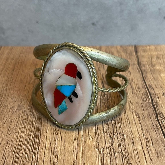 Zuni Turquoise and Coral Inlaid Stone Sterling Silver Bird Cuff Bracelet - Picture 11 of 16